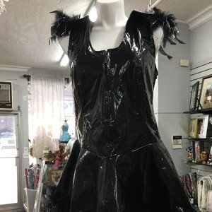 Halloween Black Vinyl Corset & Boa Skater Dress Costume  NWT Large 40 Bust